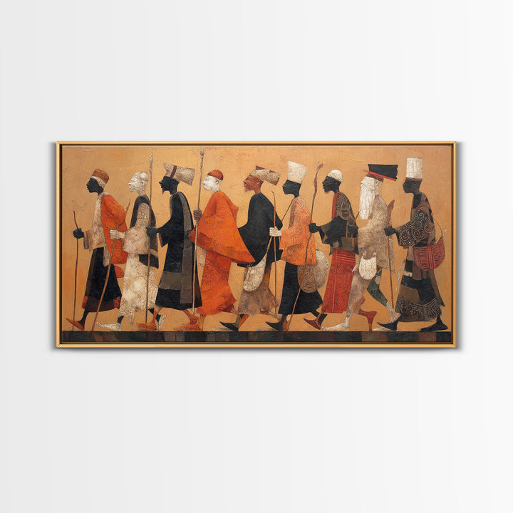Traditional African Warriors Procession Wall Art, Tribal Culture Art Print, Earth Tone Safari Decor For Home Office Gallery