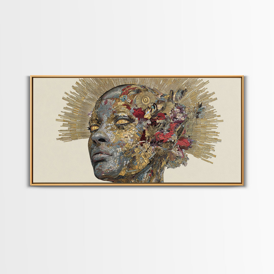 Black Woman Golden Halo Portrait Canvas Print, Mosaic Floral African Beauty Wall Art, Elegant Feminine Home Decor Gift Print