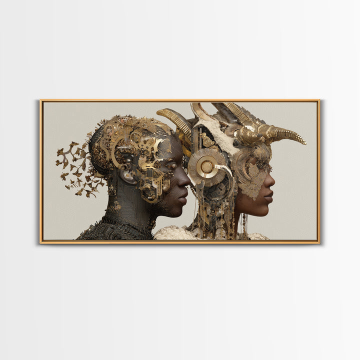 Afrofuturist Royal Couple With Horned Crowns Wall Art, African Goddess Portrait Canvas Print, Luxury Sci Fi Decor Gift Art