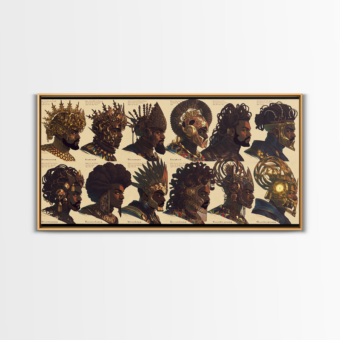 Ornate African Kings And Warriors Lineup Canvas Print, Royal Tribal Portrait Wall Art, Black Culture Decor Poster Gift Set