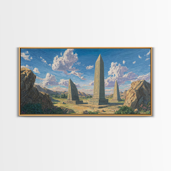 Mountain Valley Stone Obelisks Canvas Print, African Landscape Wall Decor, Ancient African Art, Nature Scene For Living Room