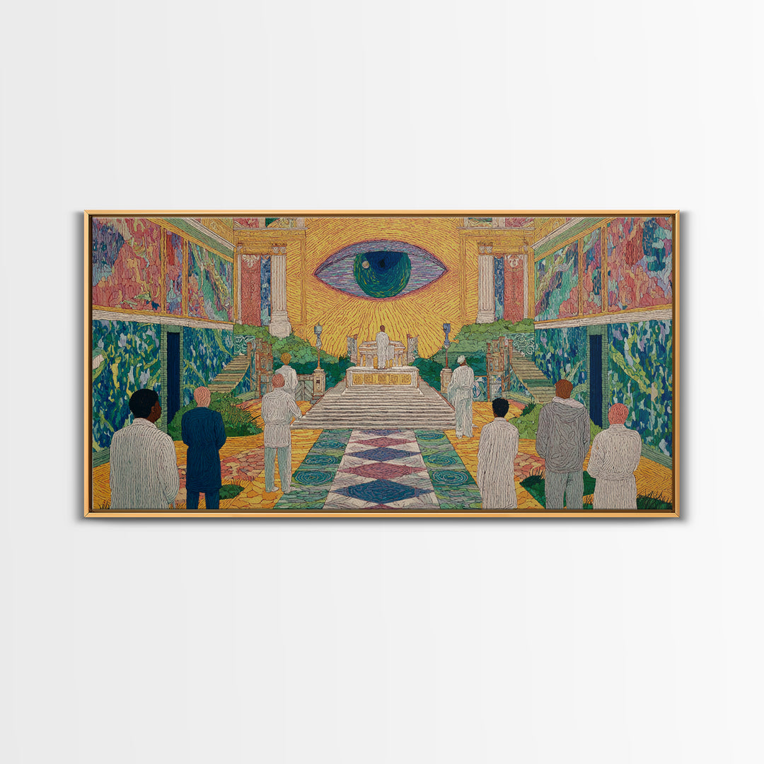Mystic Eye Temple Ceremony Framed Canvas Print, African Abstract Wall Art, Spiritual Cultural Art Decor, Gallery Statement