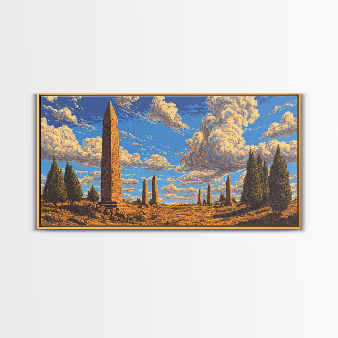 Golden Sky Obelisk Garden Wall Art, African Landscape Print, Ancient Monument Decor, Boho Earth Tone Living Room Artwork