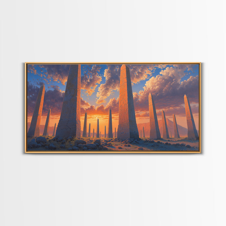 Sunset Obelisk Field Wall Art, African Egyptian Art Print, Ancient Desert Landscape, Warm Orange Statement Home Decor Gift