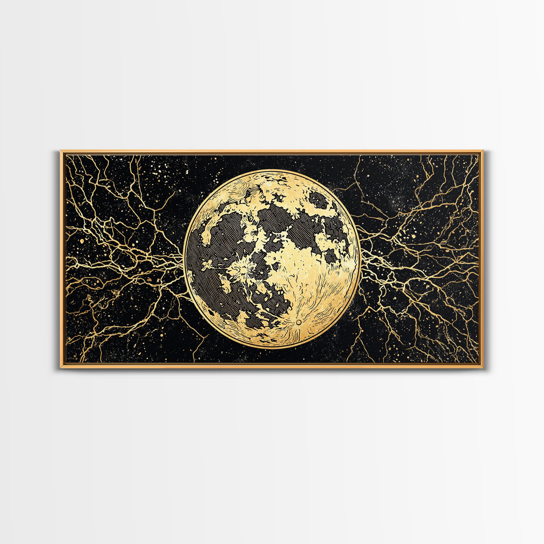 Golden Full Moon Wall Art, Black And Gold Celestial Canvas Print, Mystical Wall Decor, Abstract Night Sky Gift For Bedroom Home