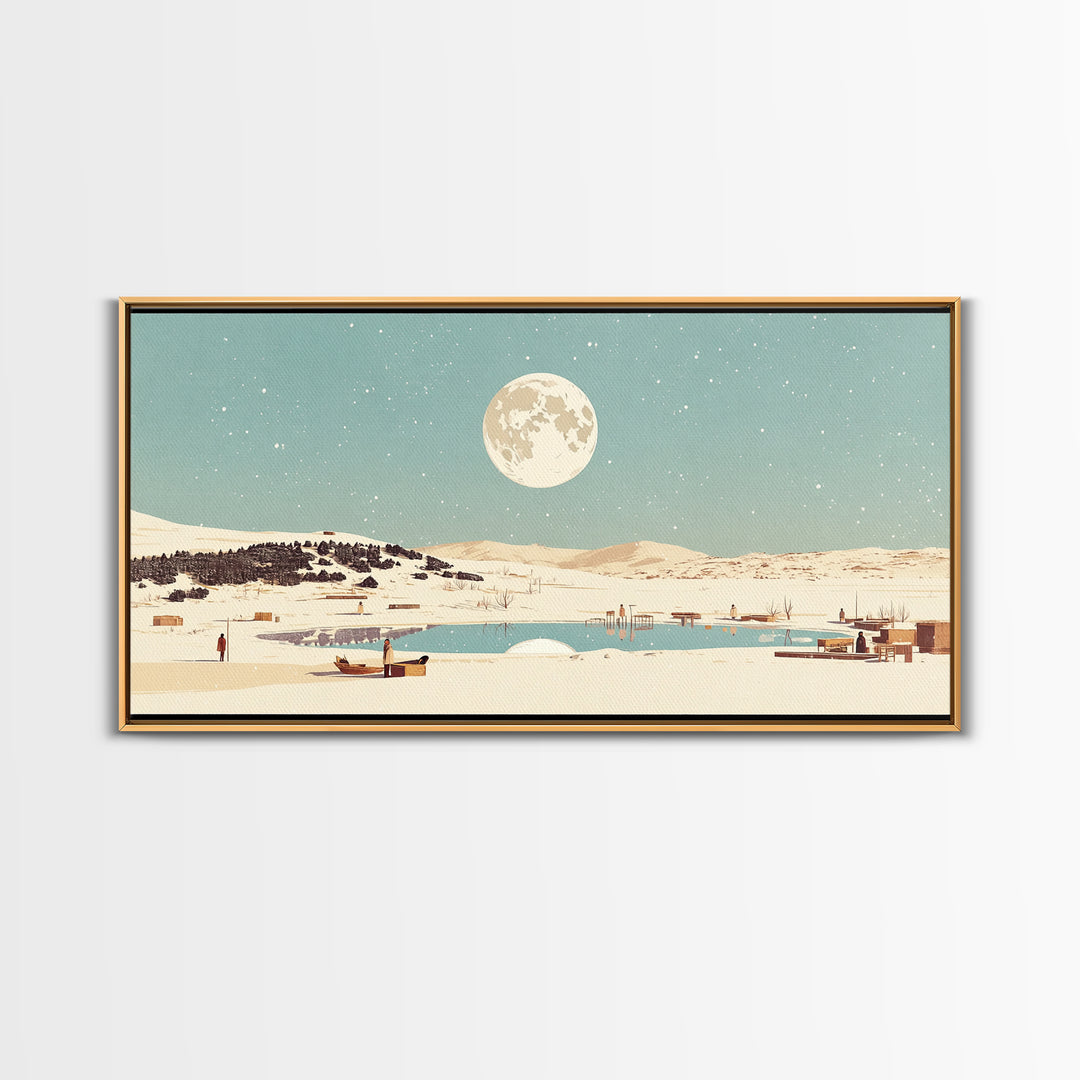 Moonlit Lake Village With Boats Canvas Print, African Landscape Wall Decor, Serene Travel Poster, Blue Bedroom Art Home Decor