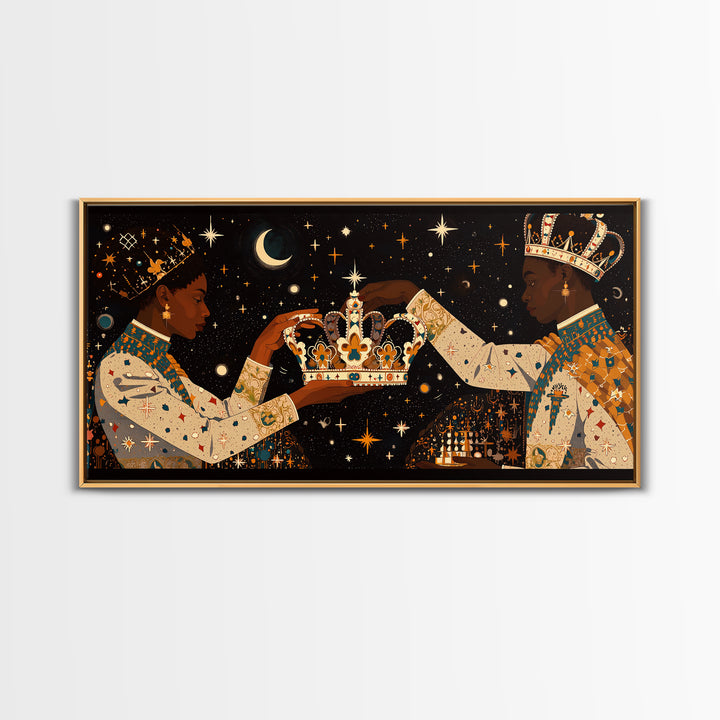 Celestial Black King And Queen Crowning Framed Canvas Print, African American Art, Royal Afrocentric Cultural Wall Decor