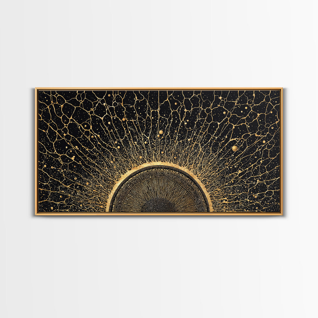 Golden Cosmic Sun Network Abstract Wall Art, Geometric African Inspired Decor, Black And Gold Modern Living Room Canvas Print