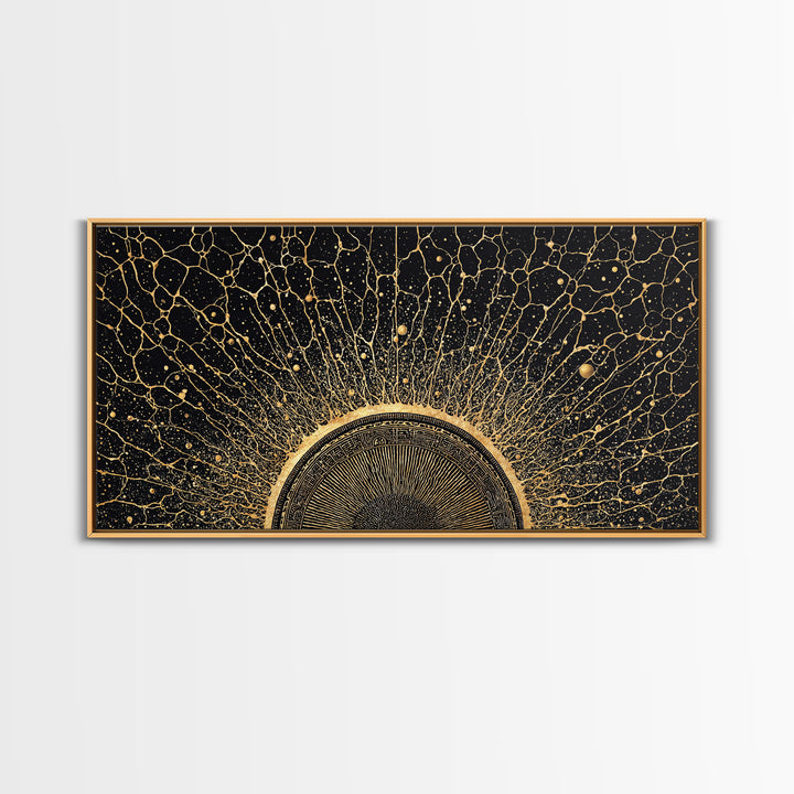 Golden Cosmic Sun Network Abstract Wall Art, Geometric African Inspired Decor, Black And Gold Modern Living Room Canvas Print