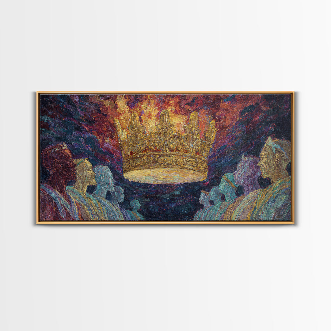 Fiery Floating Crown And Robed Figures Wall Art, African Royalty Painting, Black History Decor, Textured Canvas Print Gift