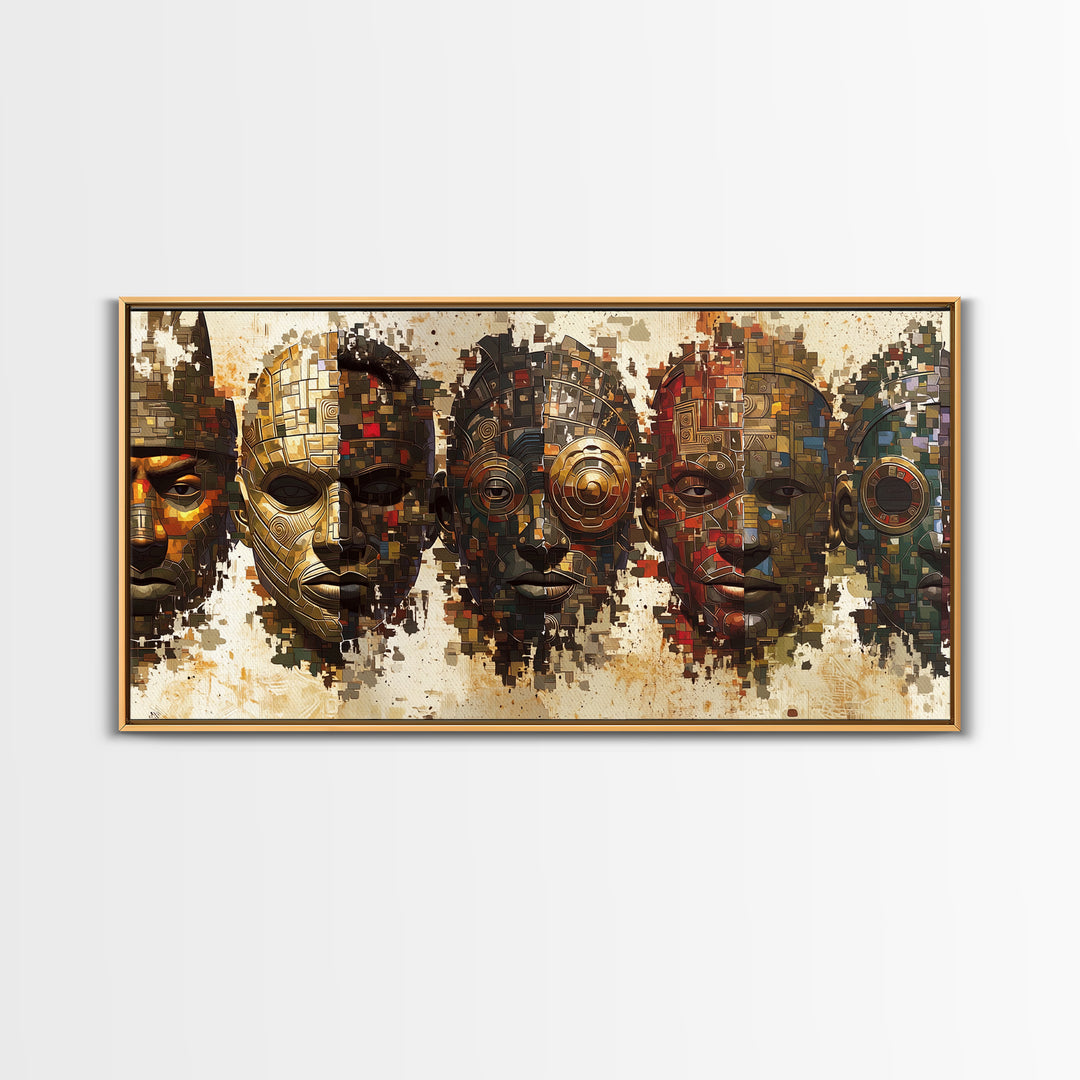 Mosaic African Masks With Metallic Texture Framed Canvas Print, Tribal Wall Decor, Cultural Afrocentric Statement Art Gift