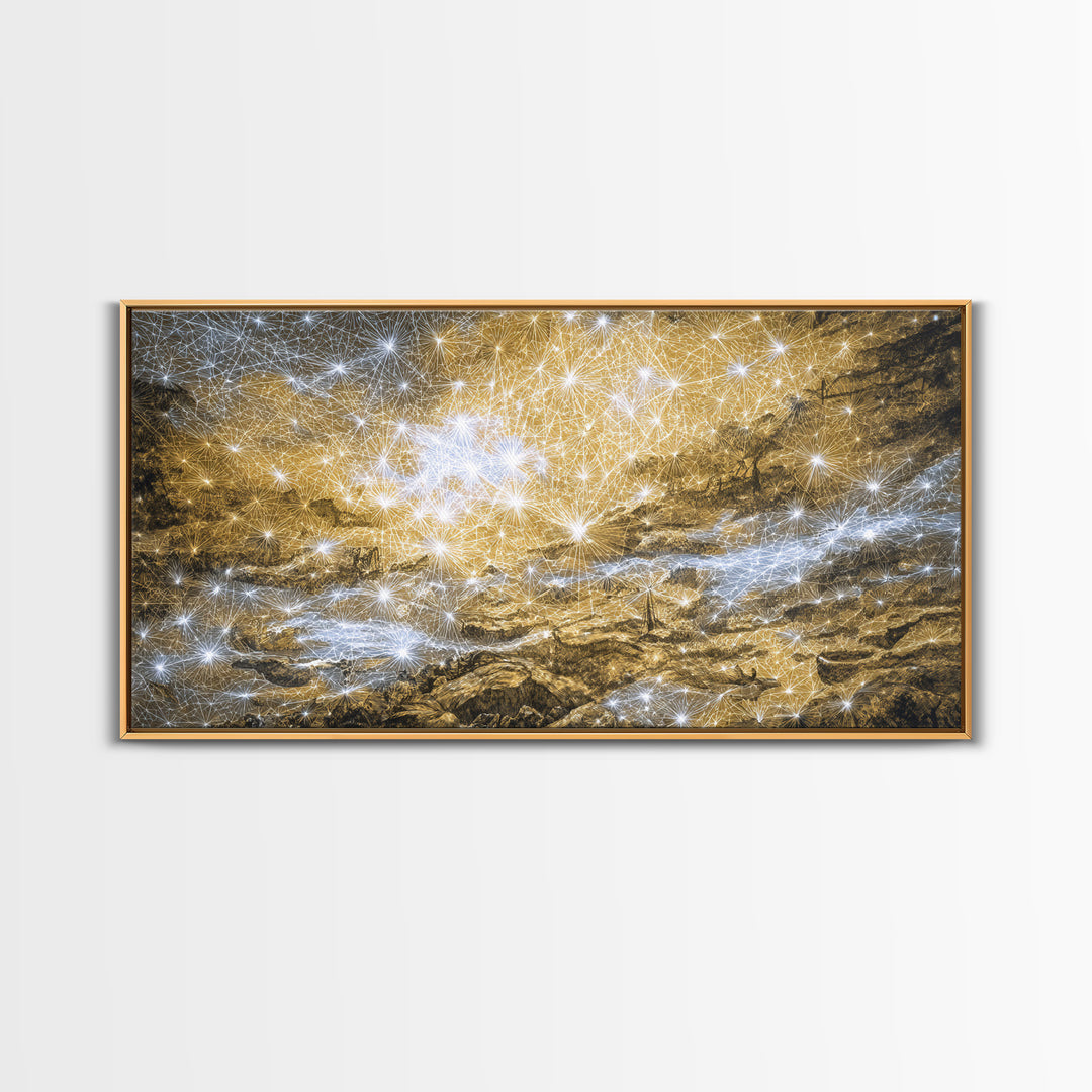 Golden Cosmic River Abstract Wall Art, Textured Modern Canvas Decor, Luxury Blue Gold Landscape For Living Room Statement Piece
