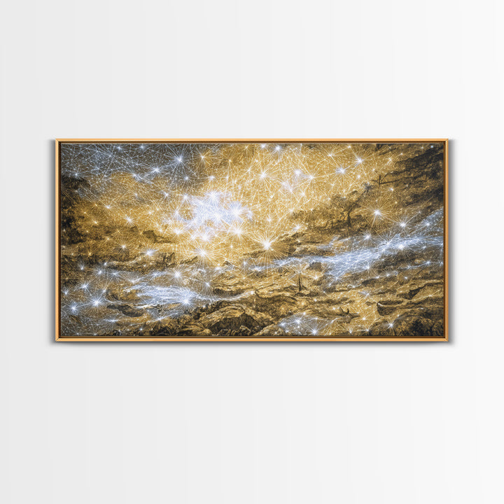 Golden Cosmic River Abstract Wall Art, Textured Modern Canvas Decor, Luxury Blue Gold Landscape For Living Room Statement Piece