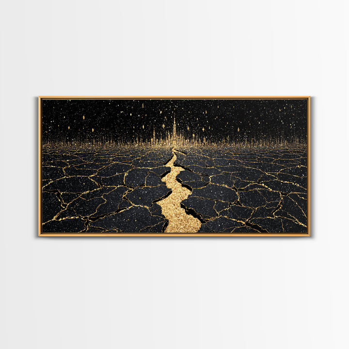 Black Gold Cracked Earth Pathway Canvas Print, Abstract Landscape Wall Decor, Dramatic Modern Art For Office Home Decor Gift
