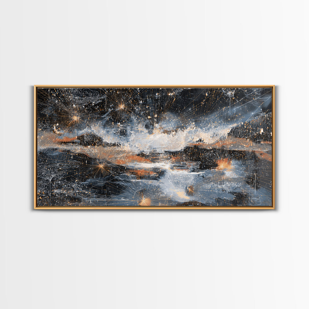 Starry Silver Mountain Sky Abstract Canvas Print, Dreamy Wall Art Decor, Modern Nature Landscape For Bedroom Office Gift