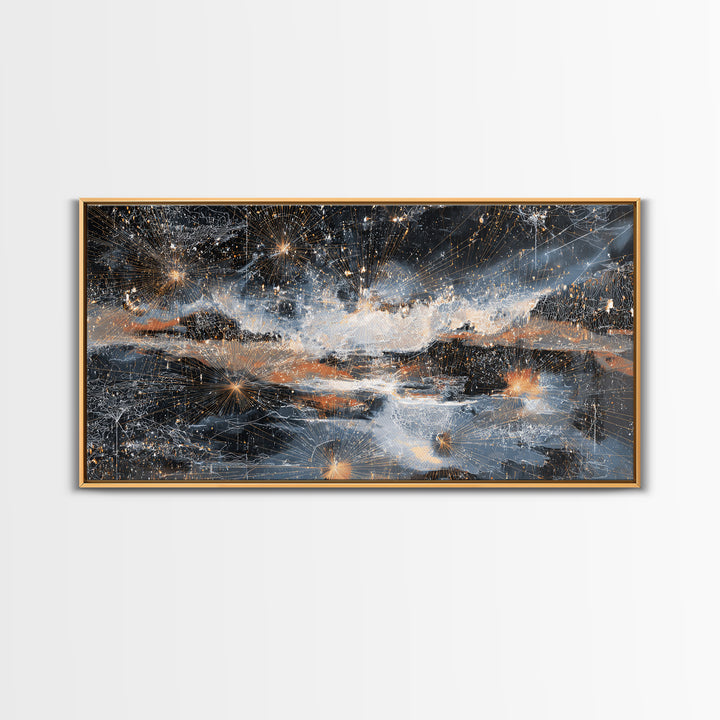 Starry Silver Mountain Sky Abstract Canvas Print, Dreamy Wall Art Decor, Modern Nature Landscape For Bedroom Office Gift