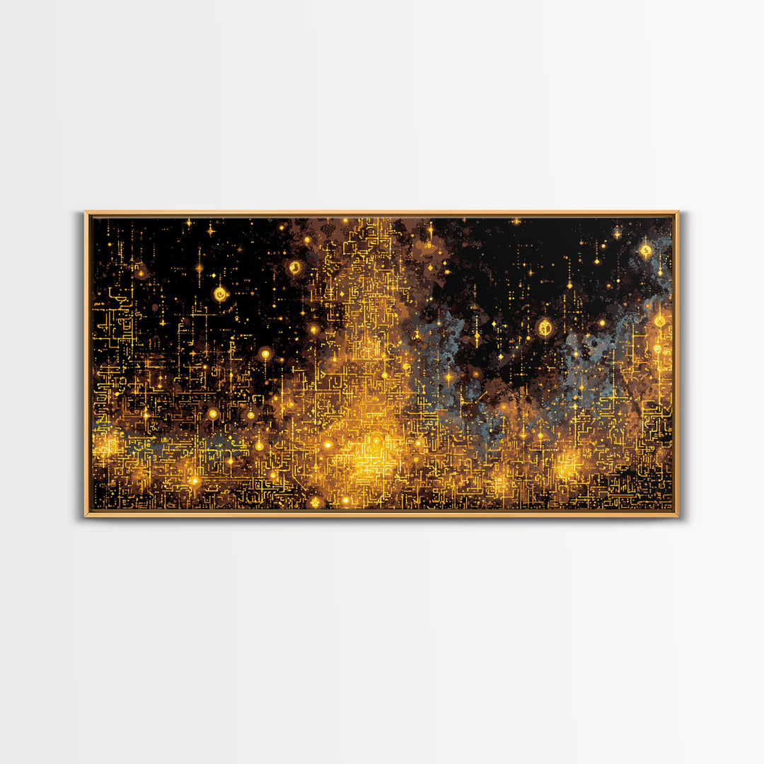 Golden Futuristic Skyline Canvas Print, Abstract City Lights Wall Decor, Luxury Black Gold Modern Home Decor Statement Piece