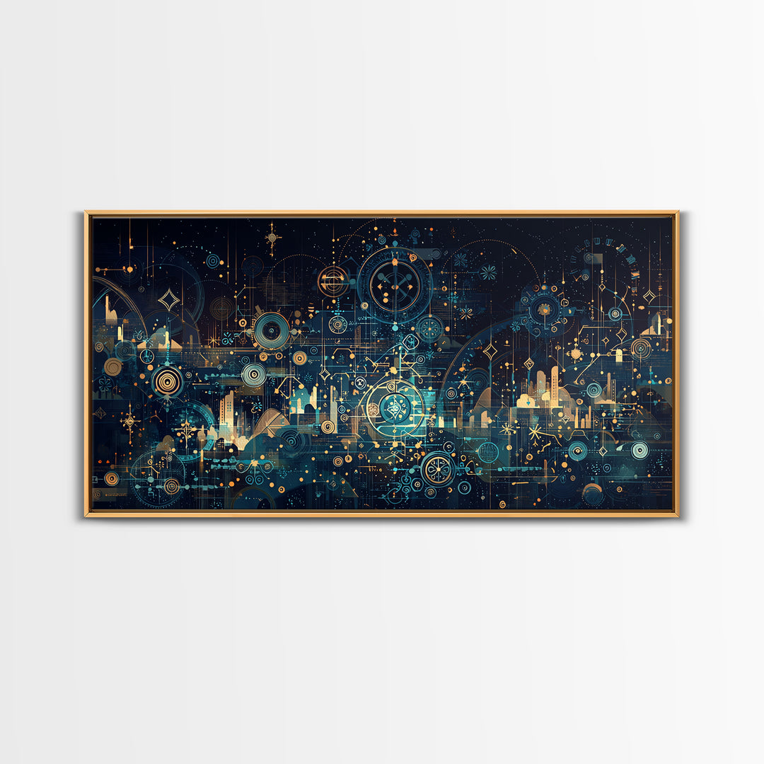 Teal Celestial Blueprint Wall Art, Abstract Science Diagram Canvas Decor, Modern Geometric Office Decor Unique Gift For Him