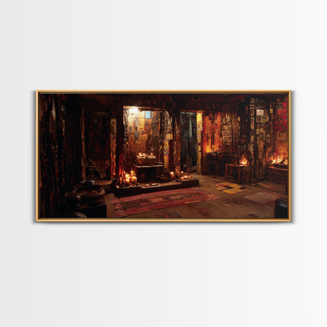 Candlelit Bohemian Shrine Interior Wall Art, Mystic Meditation Room Decor, Warm Earth Tone Canvas Print For Home Unique Gift