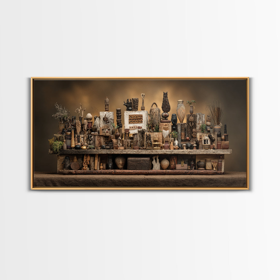 African Tribal Artifact Shelf Wall Art, Rustic Sculpture Still Life Canvas Decor, Ethnic Cultural Home Decor Statement Piece