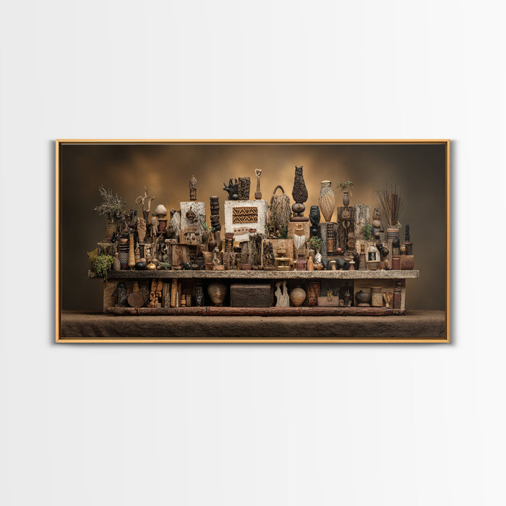African Tribal Artifact Shelf Wall Art, Rustic Sculpture Still Life Canvas Decor, Ethnic Cultural Home Decor Statement Piece