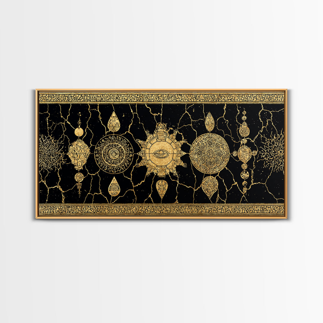 Black Gold Ornamental Mandala Canvas Print, Sacred Geometry Wall Decor, Luxury Boho Pattern Home Decor Statement Piece Gift For Her