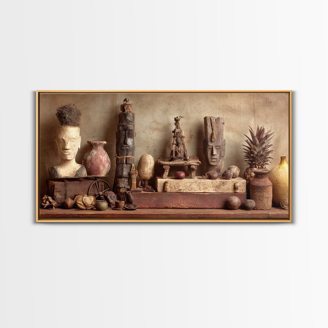 Ancient African Artifact Still Life Wall Art, Earth Tone Tribal Decor, Cultural Home Decor, Textured Boho Canvas Print Gift