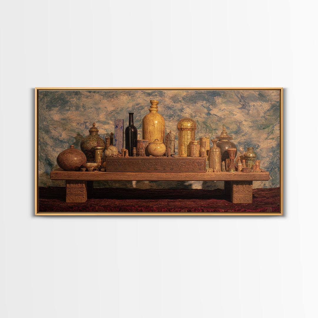 Ornate African Treasure Table Wall Art, Gold Vessel Still Life, Ethnic Home Decor, Luxury Canvas Print For Living Room