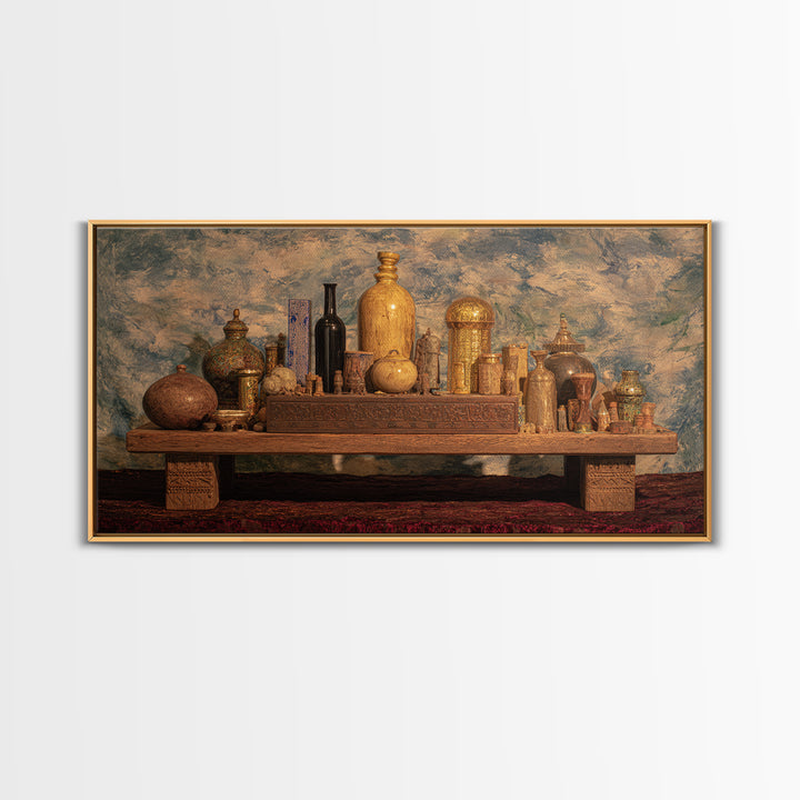 Ornate African Treasure Table Wall Art, Gold Vessel Still Life, Ethnic Home Decor, Luxury Canvas Print For Living Room
