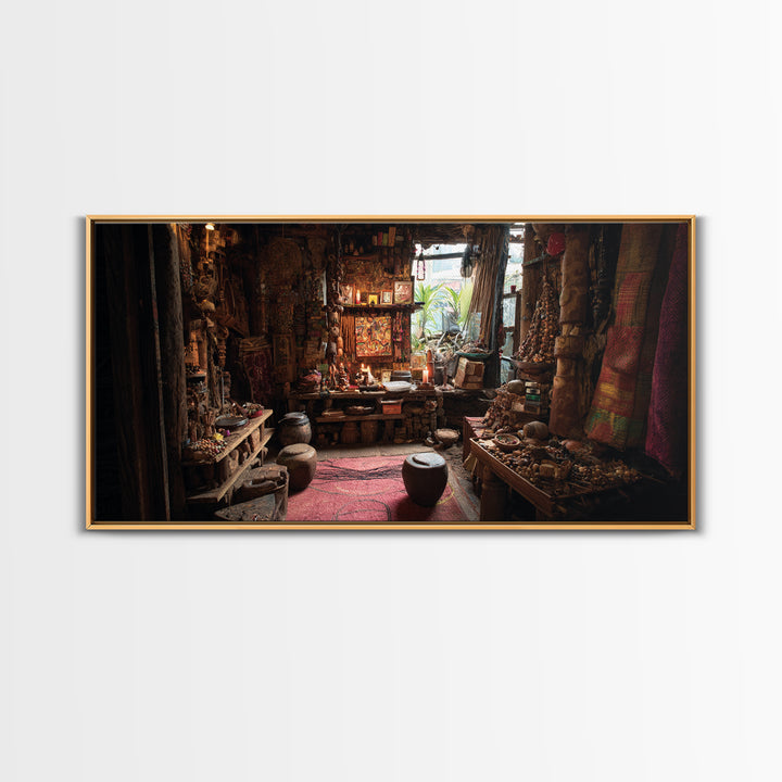 Moody African Market Interior Wall Art, Tribal Objects And Textiles, Cultural Home Decor, Boho Canvas Print For Living Room