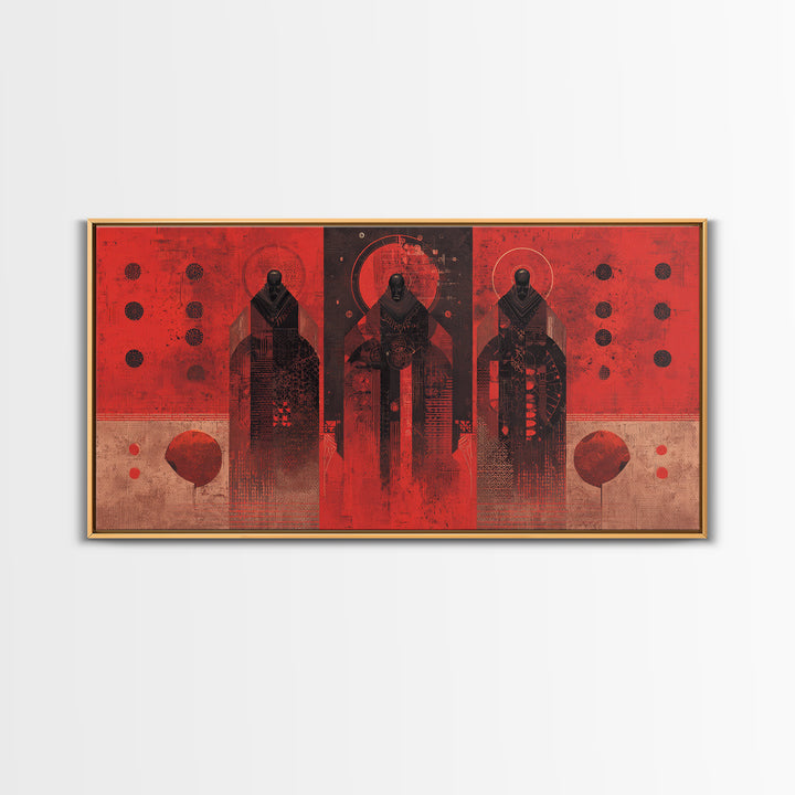 Three Ancestral Figures In Red Wall Art, Abstract African Tribal Art, Spiritual Black Culture Canvas Print, Bold Decor Gift