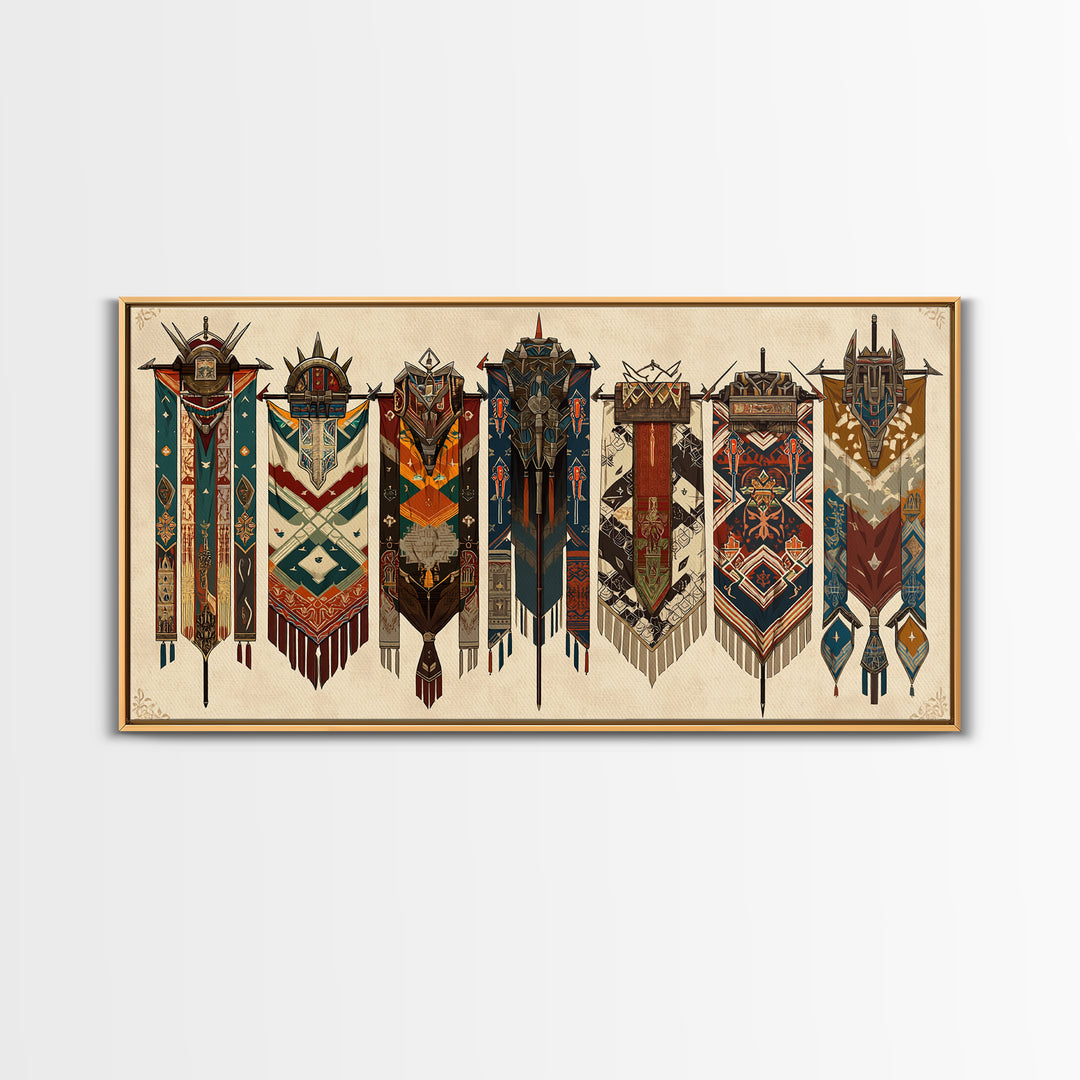 Seven Ornate African Tribal Banners Wall Art, Ankara Pattern Textile Art, Cultural Home Decor, Framed Canvas Print Gift For Her