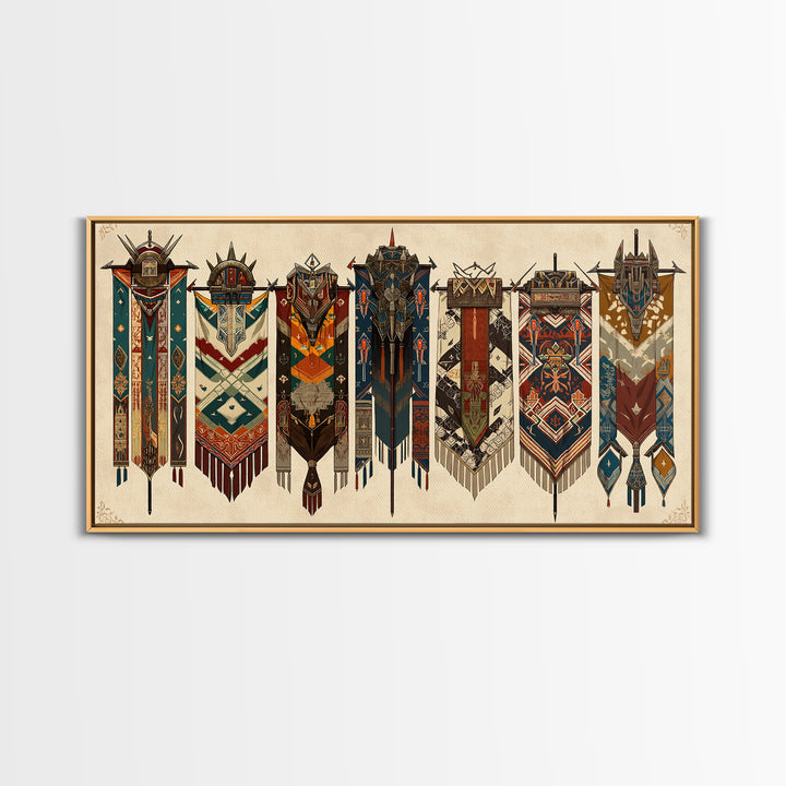 Seven Ornate African Tribal Banners Wall Art, Ankara Pattern Textile Art, Cultural Home Decor, Framed Canvas Print Gift For Her
