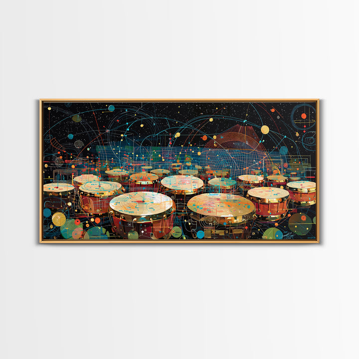 Futuristic Afro Drums Under Cosmic Orbits Canvas Print, Modern African Art, Music Room Decor, Afrofuturism Decor, Bold Art