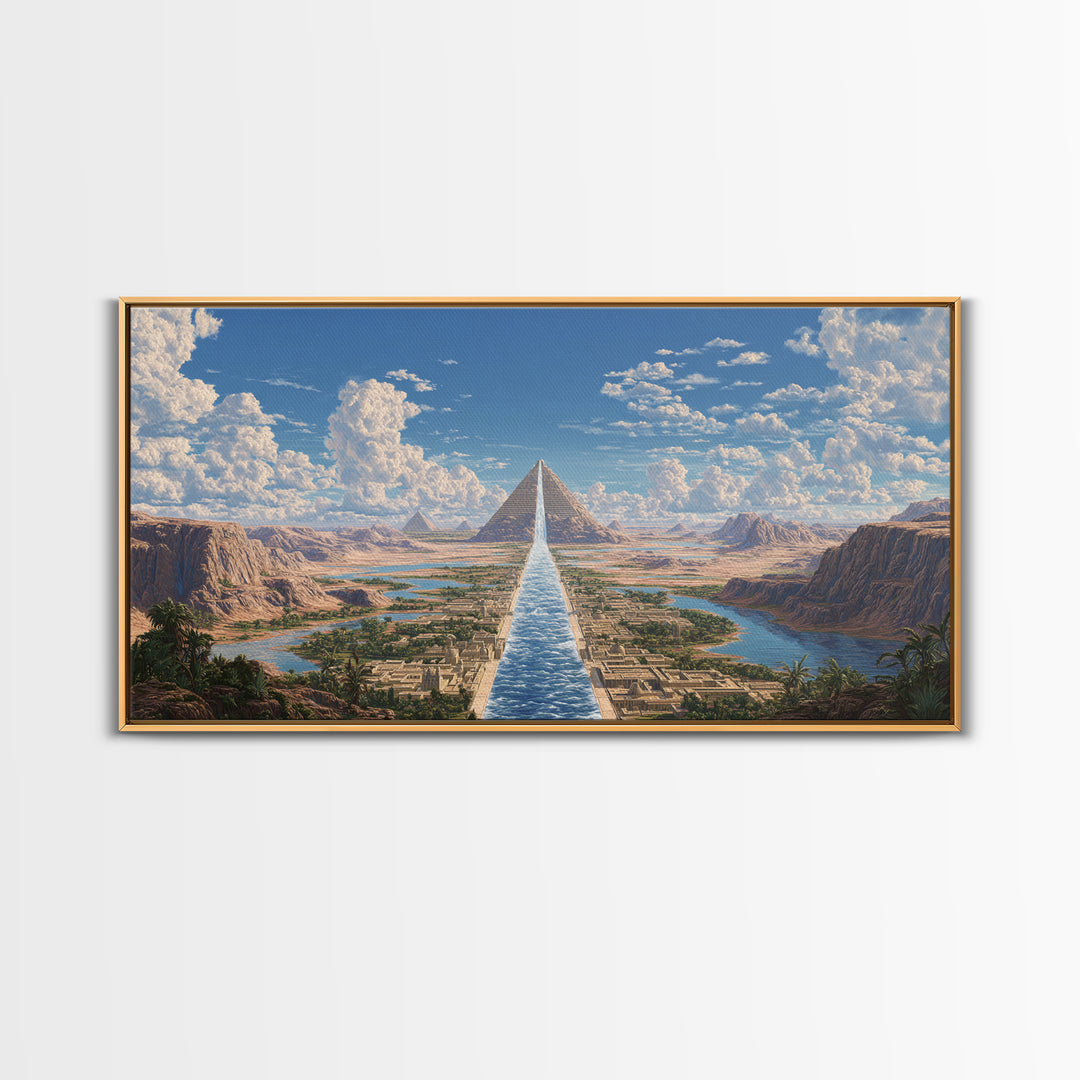 Sunlit Pyramids And River Oasis Canvas Print, African Egyptian Art, Landscape Wall Art, Travel Poster, Elegant Home Decor