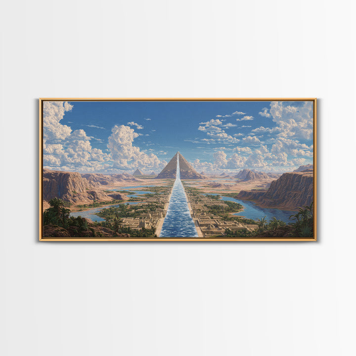Sunlit Pyramids And River Oasis Canvas Print, African Egyptian Art, Landscape Wall Art, Travel Poster, Elegant Home Decor