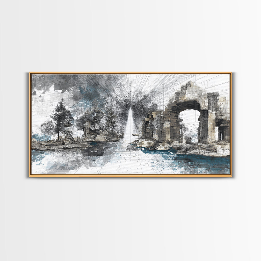 White Fountain Light Beside Ruined Stone Arch Wall Art, Minimalist Landscape, Black And White Office Decor Canvas Print Poster