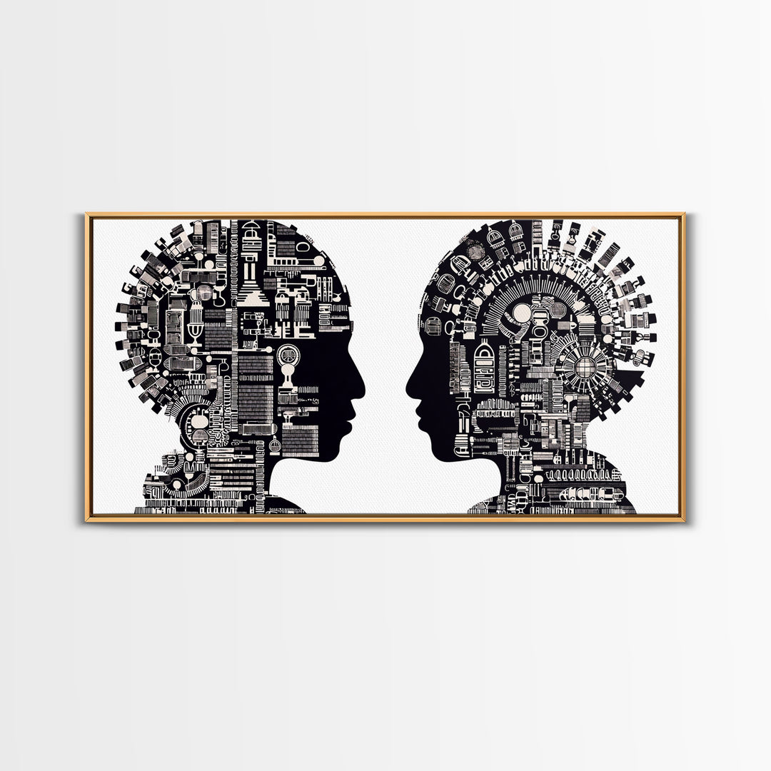 Black And White Profile Faces With Mechanical City Patterns Wall Art, Geometric Portrait Canvas Print, Modern Office Decor