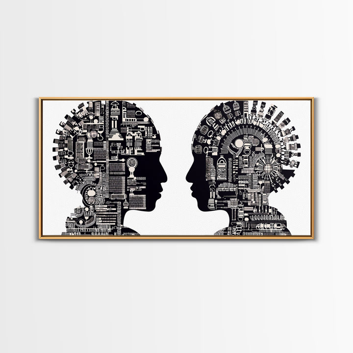 Black And White Profile Faces With Mechanical City Patterns Wall Art, Geometric Portrait Canvas Print, Modern Office Decor