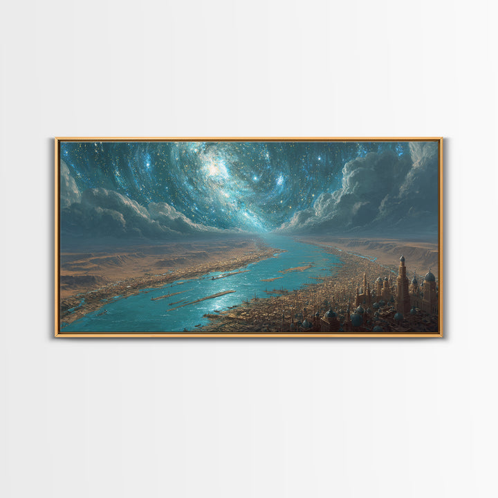 Cosmic Nile River City Under Swirling Galaxy Wall Art, Egyptian Inspired Landscape Canvas Print, Luxury Home Decor Poster