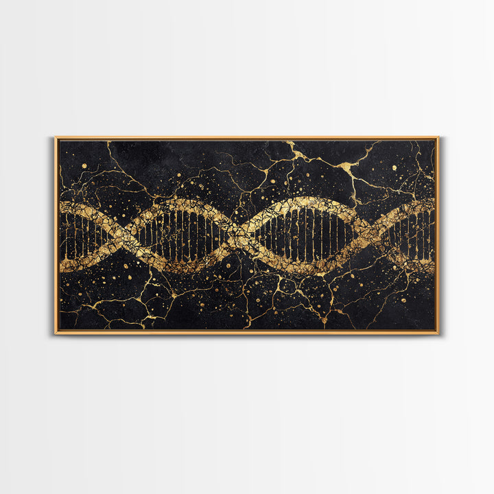 Gold DNA Helix On Black Marble Canvas Print, Science Inspired Abstract Wall Art, Modern Biology Decor, Luxury Office Artwork