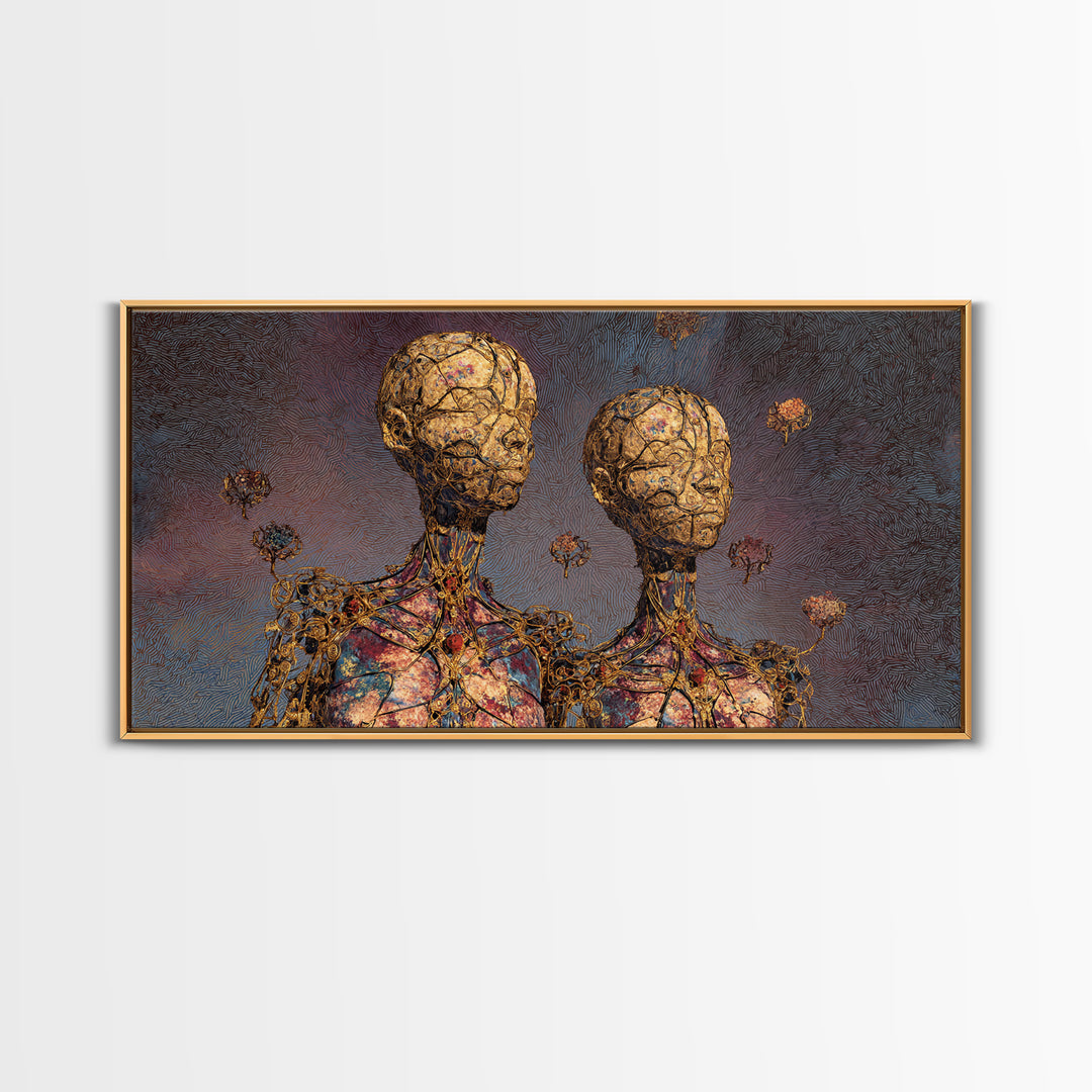 Golden Twin Figures With Floral Orbs Framed Canvas Print, Afrofuturism Decor, Abstract Portrait Wall Art, Luxury Home Decor