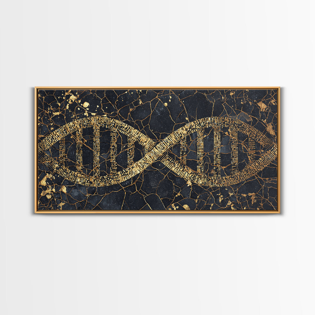 Ancient Gold DNA Strand Canvas Print, Black Marble Science Wall Art, Abstract Biology Decor, Luxury Modern Office Artwork