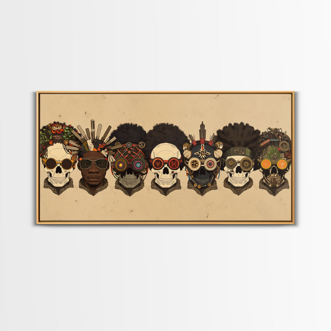 African Skull Lineup With Tribal Headdresses Wall Art, Afrocentric Decor, Cultural Artwork, Bold Canvas Print For Eclectic Home Decor