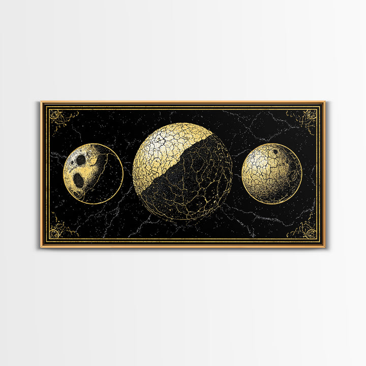 Gold Moon Phase Triptych Wall Art, Black Celestial Canvas Print, Lunar Astronomy Decor, Mystical Black And Gold Home Decor Gift