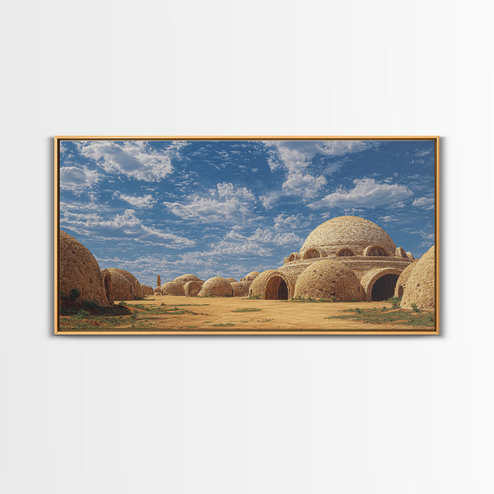 Sunlit Desert Dome Village Canvas Print, Earth Tone Wall Art, African Inspired Architecture, Boho Home Decor, Unique Wall Decor