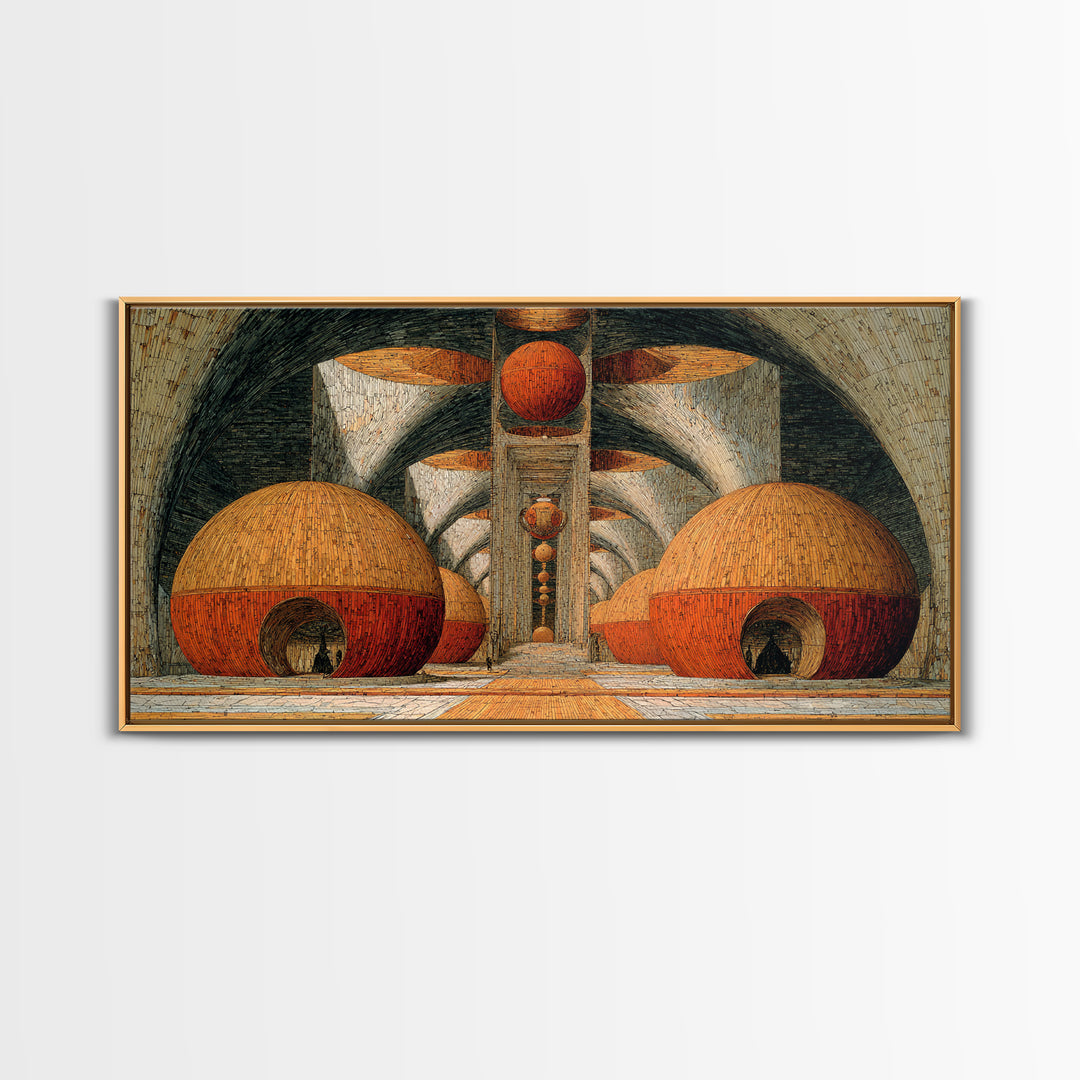 Abstract Orange Domes In Arched Hall Framed Canvas Print, Modern African Art Abstract, Geometric Wall Art, Bold Home Decor