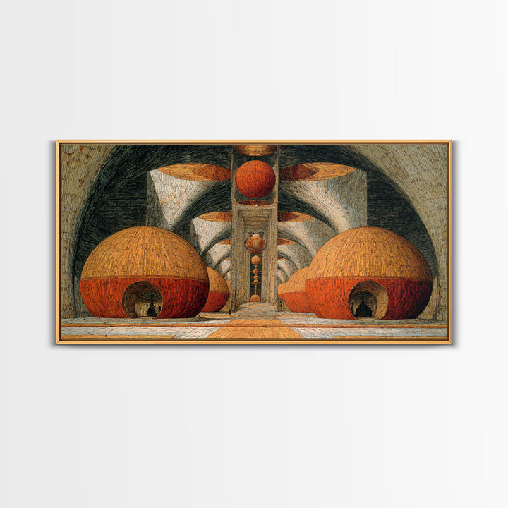 Abstract Orange Domes In Arched Hall Framed Canvas Print, Modern African Art Abstract, Geometric Wall Art, Bold Home Decor