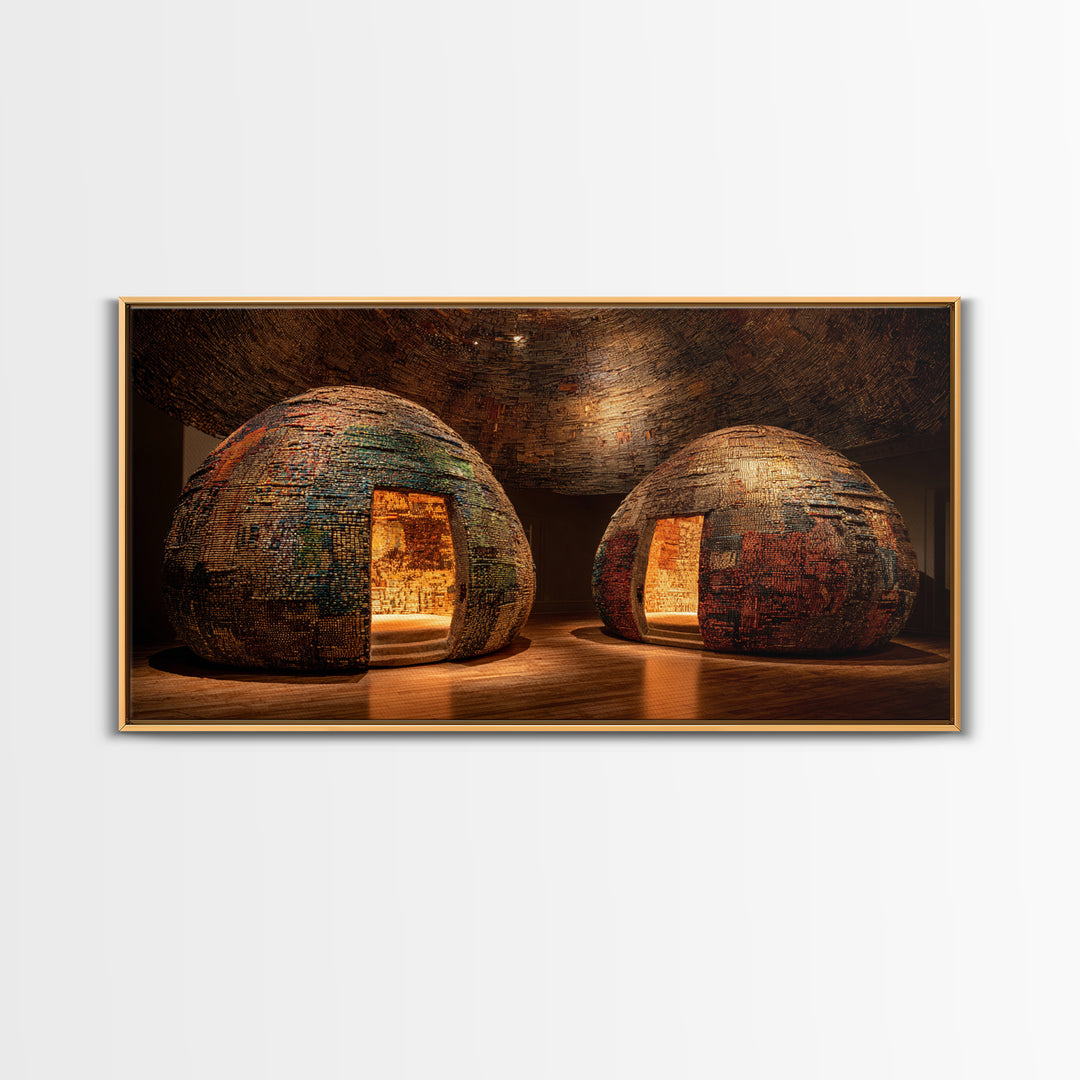 Glowing Woven Dome Huts Framed Canvas Print, Warm Earth Tone Wall Art, African Home Decor, Rustic Decor, Statement Piece