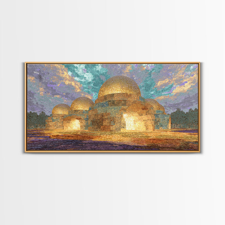 Glowing Golden Dome Palace Canvas Print, Dreamy Wall Art, African Inspired Architecture, Teal And Gold Decor, Elegant Home Art